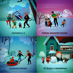 冬季娱乐概念图标集雪人和雪球符