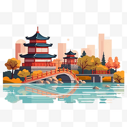 网站装饰图片_中国古建筑扁平图标装饰元素插图