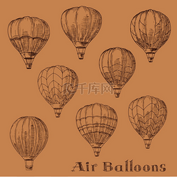 短息漫天飞图片_热气球在天空中飞翔的复古草图。