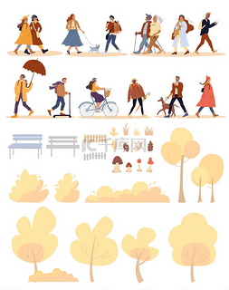 骑自行车载人图片_人、狗、自然公园物体秋天设定.