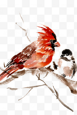 枝头的红鸟水墨