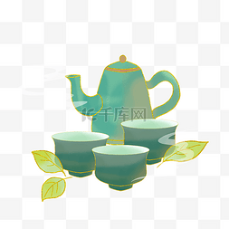 绿色茶壶图片_国风绿色茶壶茶杯