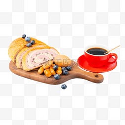 咖啡摄影图片_早餐鸡蛋咖啡和蓝莓切片面包