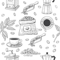 咖啡图案雕刻的树叶和豆子素描带