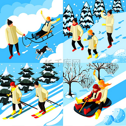 家庭在寒假雪橇游戏中的雪球和滑