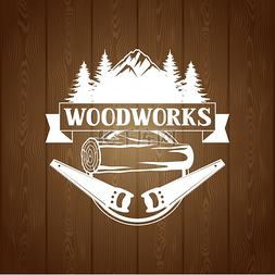 柴火图片_带有原木和锯子的木制品标签。