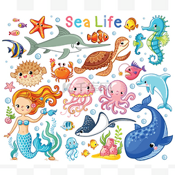 手绘风格的卡通图片_向量设置与海洋动物和美人鱼。儿