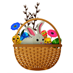 彩蛋背景素材图片_柳条篮子里有复活节兔子、春鸡、