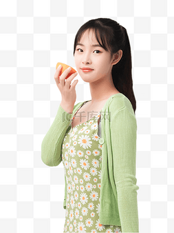 水果图片_清新甜美女孩人物手拿橙子