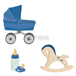 婴儿车白色图片_婴儿婴儿车、 瓶、 乳头和摇马