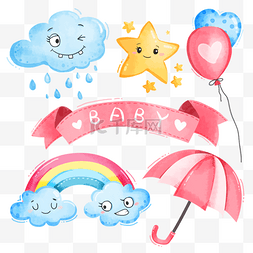 天空彩虹太阳图片_雨季天空云朵彩虹水彩画