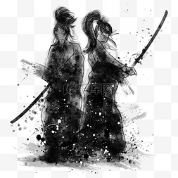 黑白武士图片_日本武士背靠背水墨风格