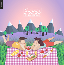 Young couple on picnic, template with lilac s