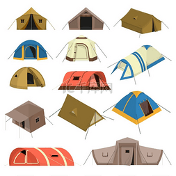 五颜六色的旅游帐篷套装。