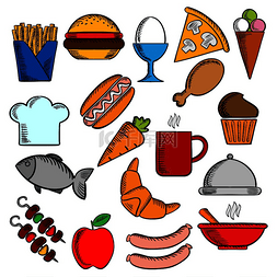 平面食品图片_食品和饮料平面图标设置有比萨饼