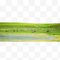 草原河流图片_呼伦贝尔早晨牧民草原湿地骑马