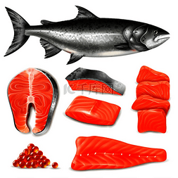 装饰鱼鱼鱼图片_三文鱼生牛排和鱼子酱图标设置隔
