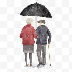 水彩下雨打伞的老夫妻背影