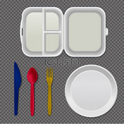 一次性白色塑料盘午餐盒和彩色餐