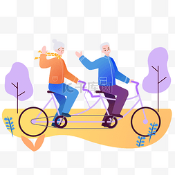 国际老人节图片_清新插画老年人骑车运动锻炼老年