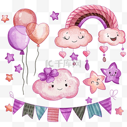 宝宝婴儿卡通图片_雨天云朵彩虹气球集合水彩画