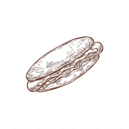 热狗素描孤立的面包和香肠配番茄