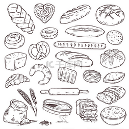 手绘面包卡通图片_面包和甜甜的烘焙食品一组矢量手
