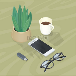 带手机、眼镜、植物闪存驱动器的