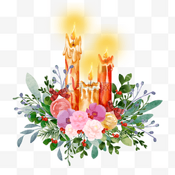 矢量花圈装饰图片_圣诞水彩蜡烛花卉氛围装饰