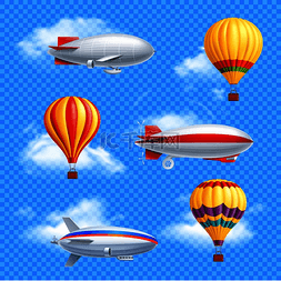 逼真的彩色飞艇图标集气球和飞船