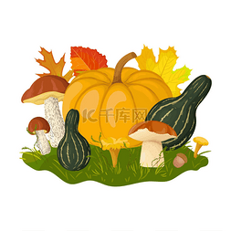 蘑菇和树图片_秋天的收获,用南瓜、蘑菇、橡子