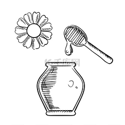 菊花图片_玻璃罐中的天然健康蜂蜜，带有木