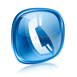 按钮上一页图片_电话图标蓝色玻璃，在白色背景上