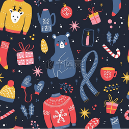 冬天的袜子卡通图片_与新年和圣诞节元素的无缝模式。
