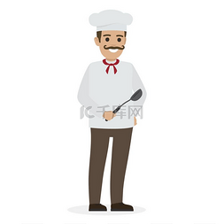 身穿白色束腰外衣和无边帽的厨师