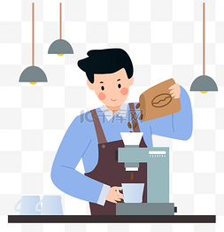 咖啡图片_男店员咖啡机磨咖啡