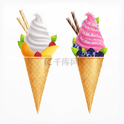 华夫饼底纹图片_冰淇淋逼真的两个香草和水果口味