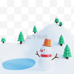 冬季雪地松树图片_3DC4D立体雪景冬天雪山松树雪人