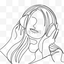 戴耳机听音乐图片_抽象线条画女生戴耳机听音乐