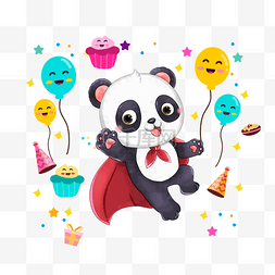 眼睛装饰设计矢量图片_可爱披风熊猫动物生日派对