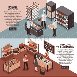 演讲图片_面包店厨房和面包店等距横幅。
