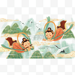 中国风山水壁画图片_敦煌飞天国潮之吹笛子与撒花场景