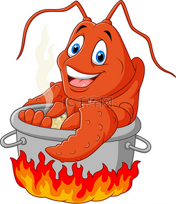 龙虾美食卡通图片_卡通搞笑龙虾被煮在锅里