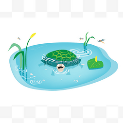 海龟在沼泽游泳的卡通艺术。可编