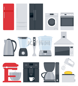 咖啡易拉宝图片_厨房家电图标设置。平面样式.