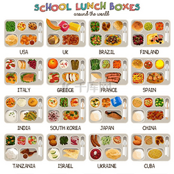午餐盒图片_世界各地学校午餐盒的矢量图解