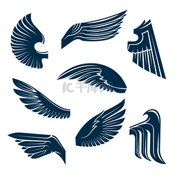 徽章翅膀图片_卷起和张开的翅膀复古纹章符号是