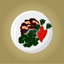 灰色背景美食图片_西兰花豆和胡萝卜放在盘子里，天