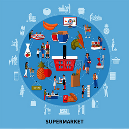 蓝色背景的超市圆形组合，包括卖