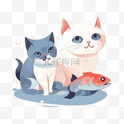 扁平卡通插画装饰素材猫吃鱼3